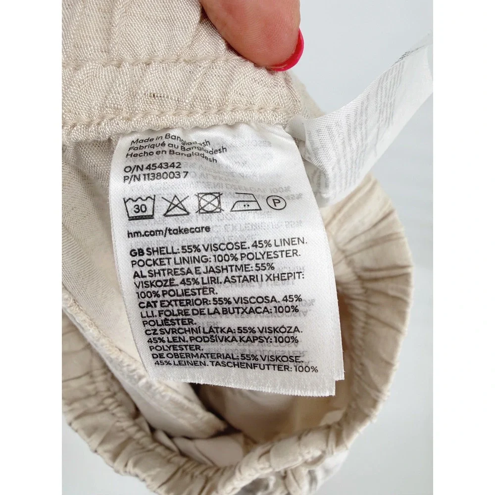 H&M Linen Blend Wide Leg Pants Women XS Tan Drawstring Elastic Waistband